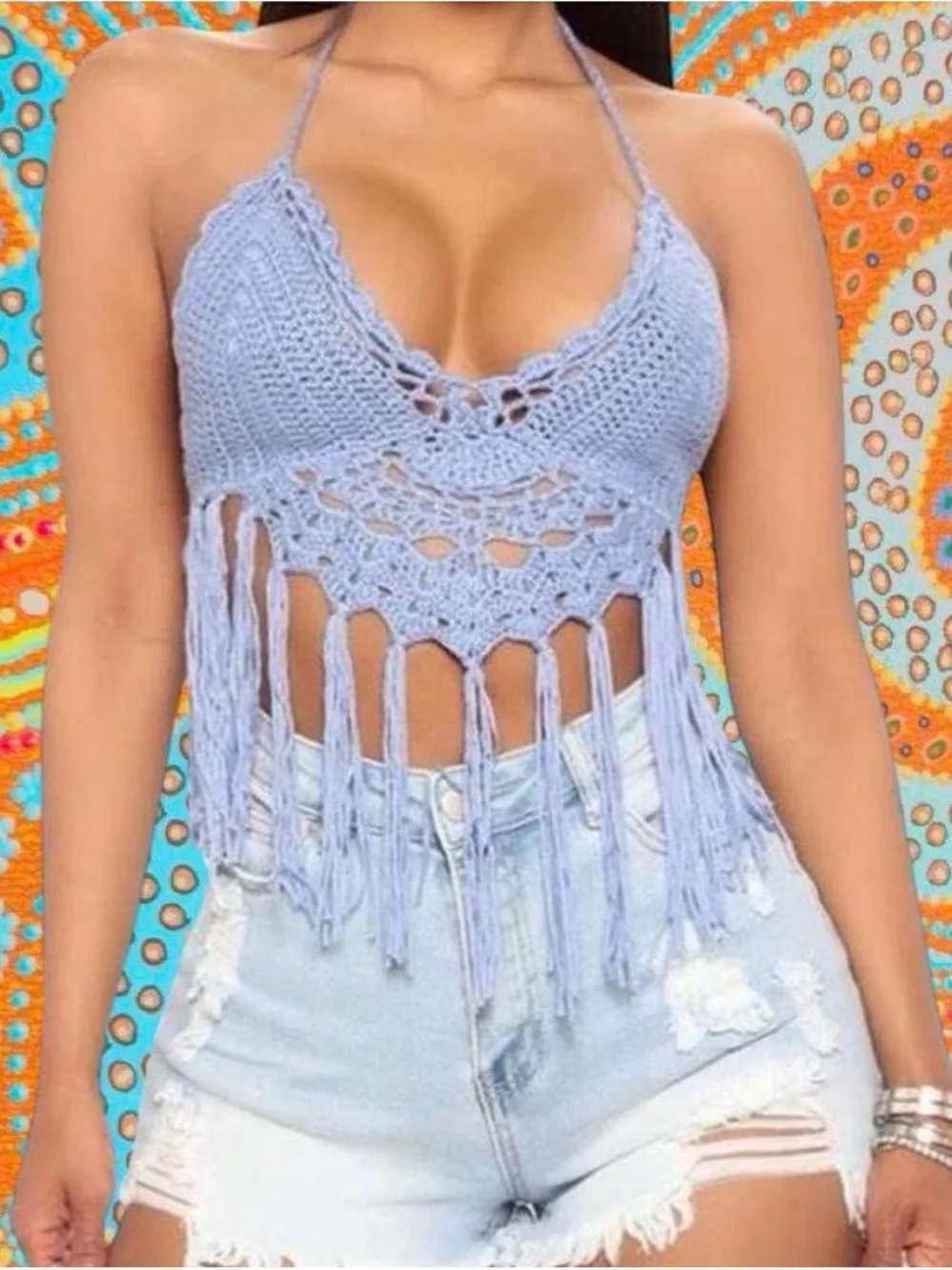 Light Blue Crochet Fringe Halter Top - Women's Festival Crop - Picture 1 of 3